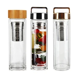 High Quality Double Wall Glass Water Bottle With Tea Infuser, Eco-Friendly BPA Free Glass Tea Cup With Custom Logo, Clean Brush
