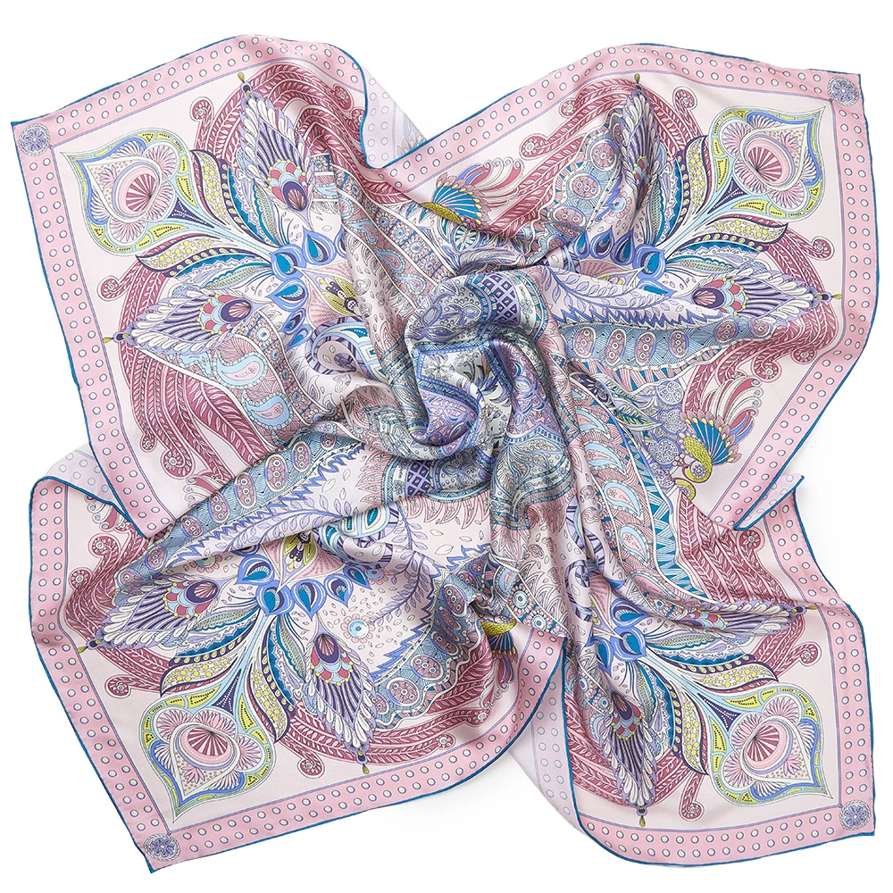 New Real Silk Scarf  Female 35' Shawl  Pink Peacock Design Luxury  Hand Crated All-Matching Silk Scarf
