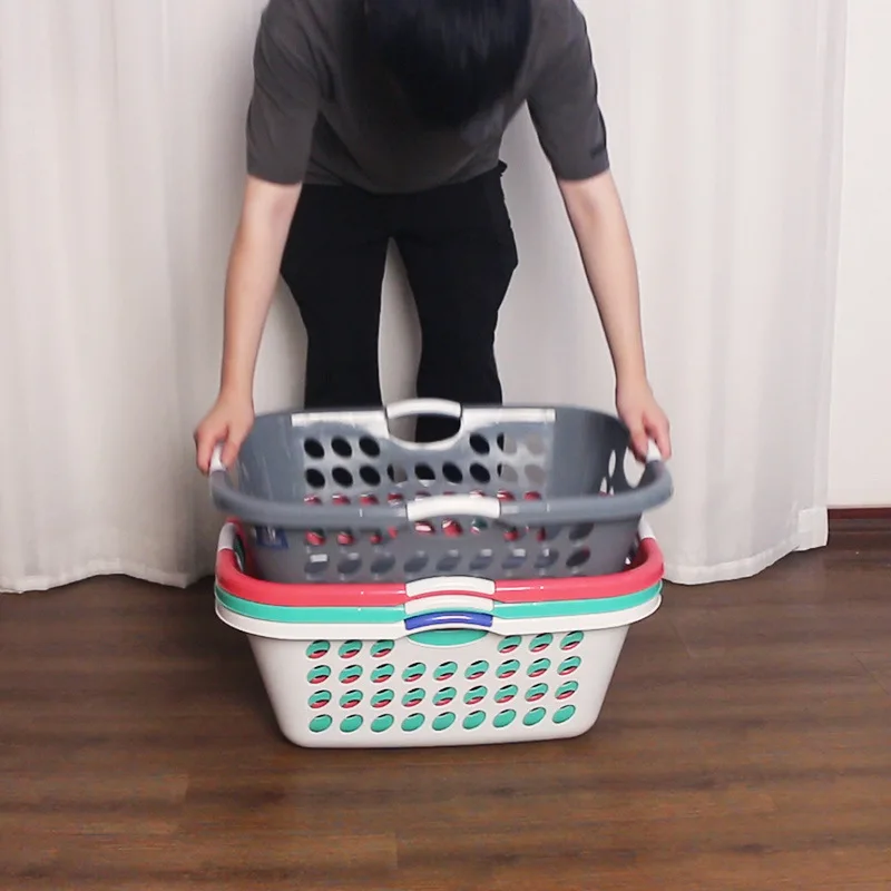 Fashionable Rectangular Plastic Laundry Basket Portable Handle Household Clothing Storage Basket Hollow Breathable Dirty Basket