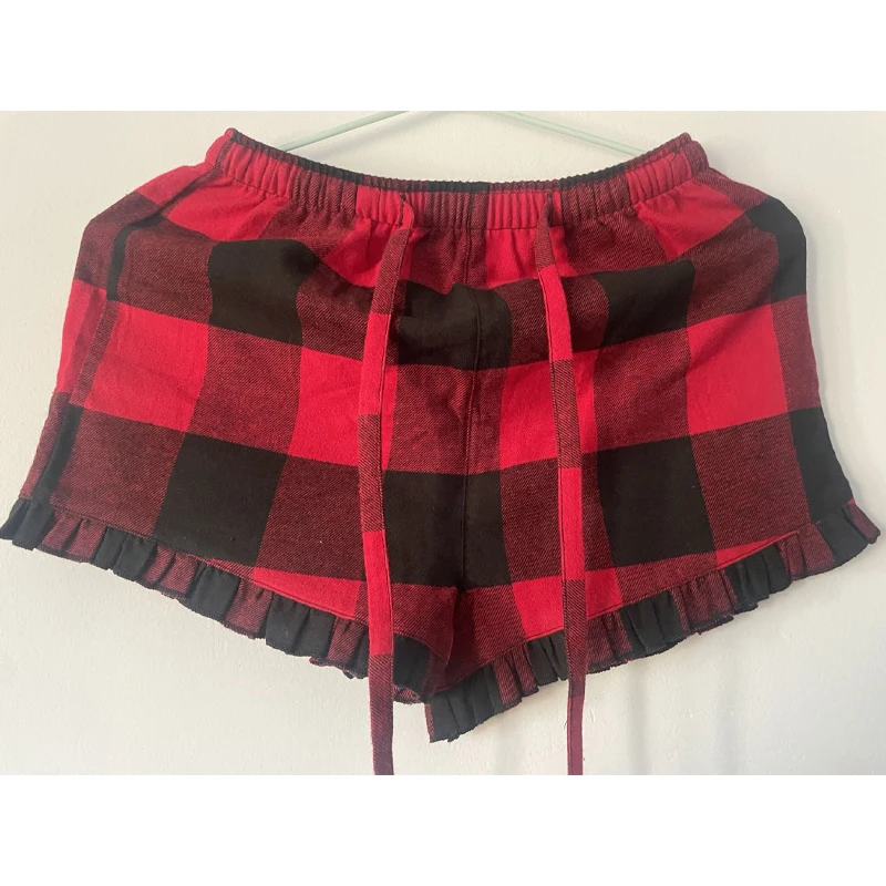 Christmas Sleepwear Womens Plaid Ruffle Hem Elastic Waistband Pajama Sleep Shorts Buffalo Plaid Ruffle Trim Pajama PJ Shorts
