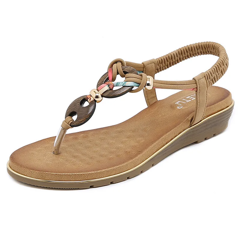 Fashion Women Summer Beach Sandals Wooden Bead Buckle PU Sole Flip Flops Flat Sandal For Women New Style