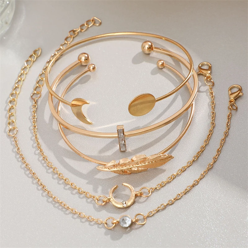 Fashion Rose Gold Silver Plated Jewelry Twist Diamond Layered Open Crystal Sun Moon Leaf Bracelet For Women