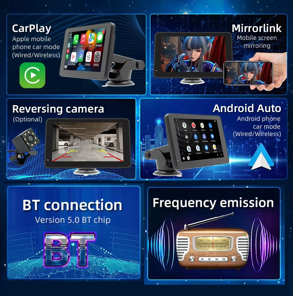 7 Inch Car Mp5 Player Carplay multimedia Radio Radio Display Android Auto Wireless FM BT5.0 Portable Carplay Screen Car Monitor