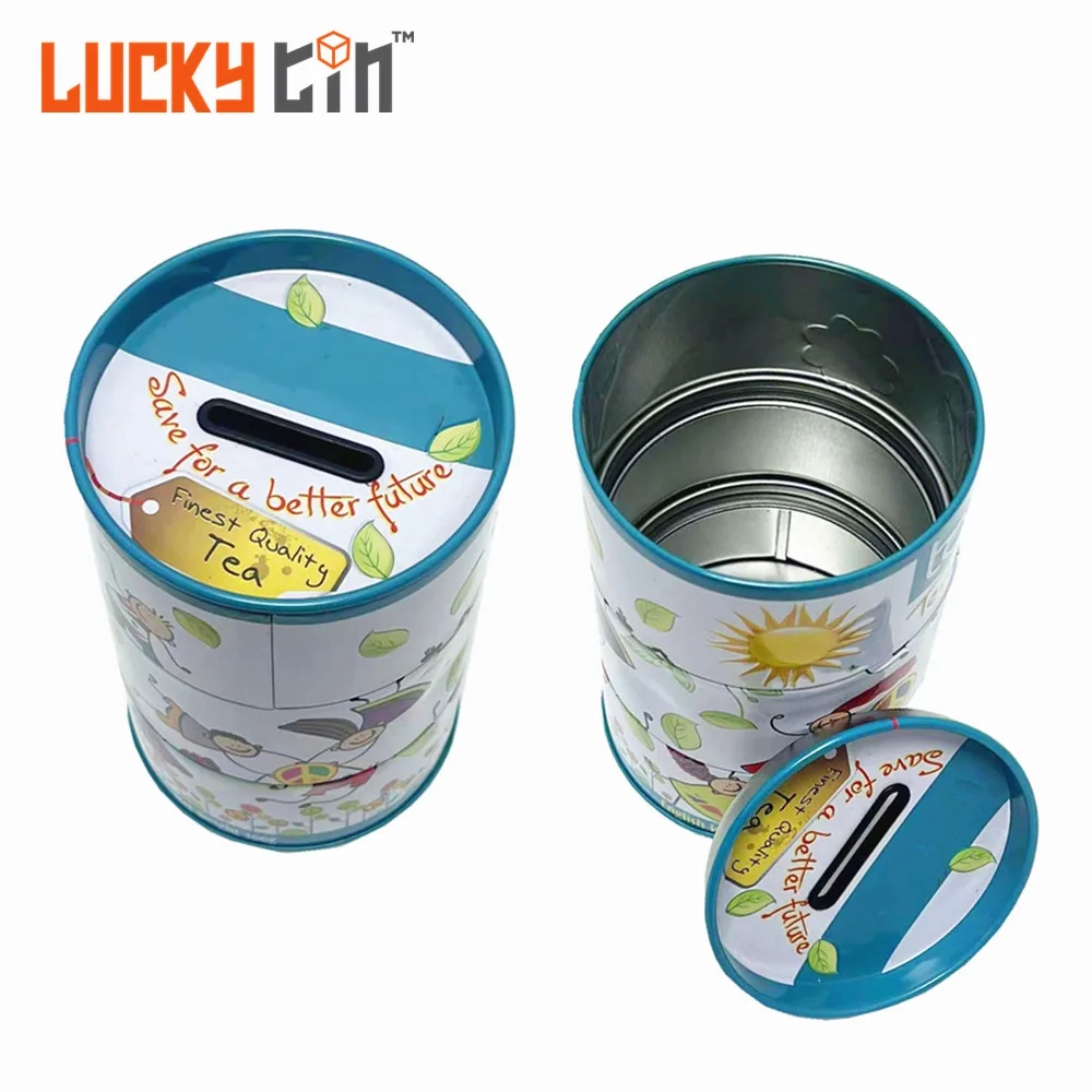 Factory Custom Printed Cylindrical Money Boxes Metal Piggy Bank Coins Tin Canisters