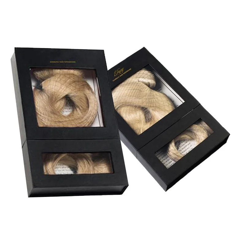 Custom Logo Black Cardboard Paper Hair Extension Wig Packaging Boxes