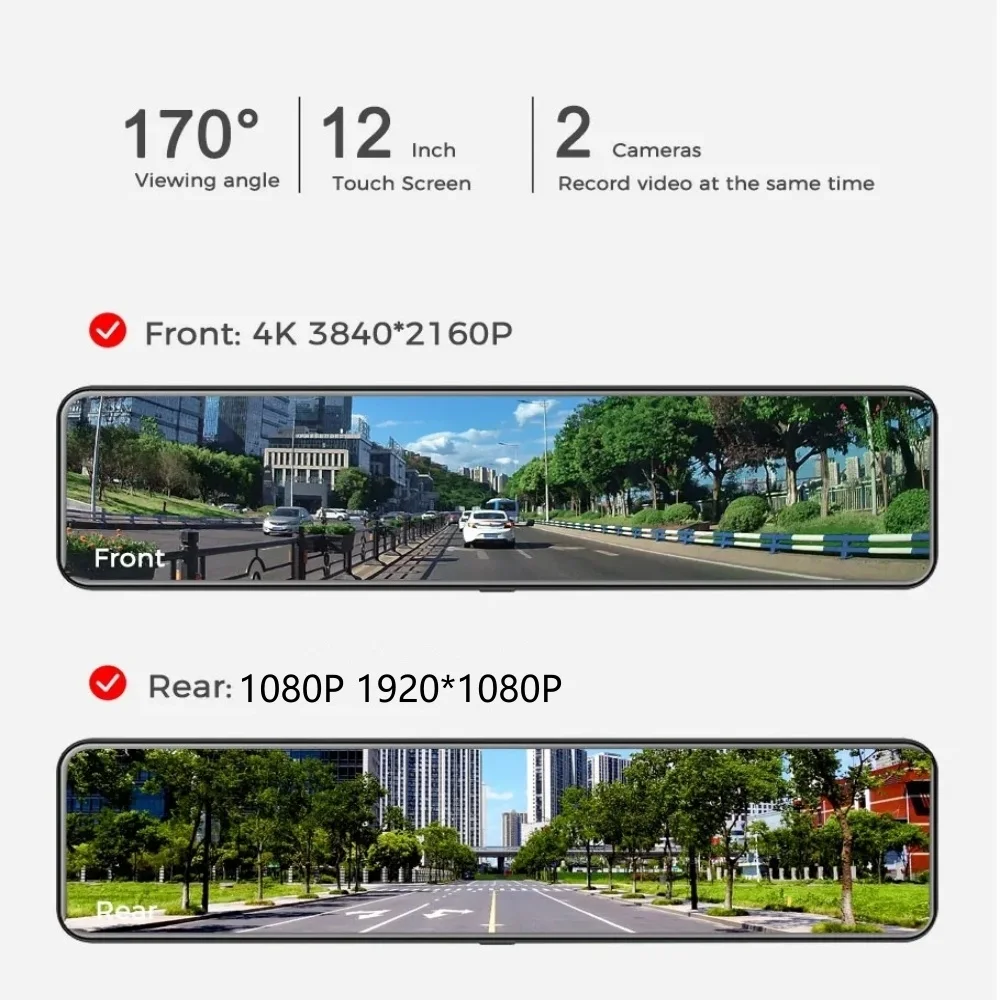 12 Inch 4K+1080P dual lens Rearview Mirror Car Dvr Video Recorder reverse dash camera dash cam front and rear 4k With GPS WiFi
