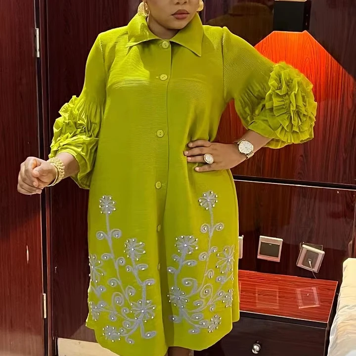 Newest Casual Factory Outlet Elegant Temperament Fashion Solid Color Floral Pattern Miyake Pleated Knee Length Women Dress