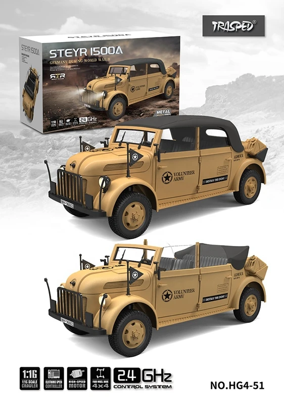 KW HG HG4-51 TRASPED STEYR Command Vehicle RC Car 1/18 Scale 4WD Off Road Climbing Truck with LED Lights and Simulated Sound