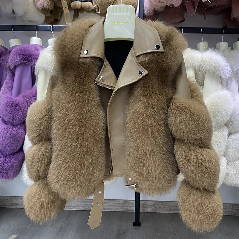 
Winter Real Fox Fur Motorcycle Coat Women Fashion Sheepskin Jackets And Coats 
