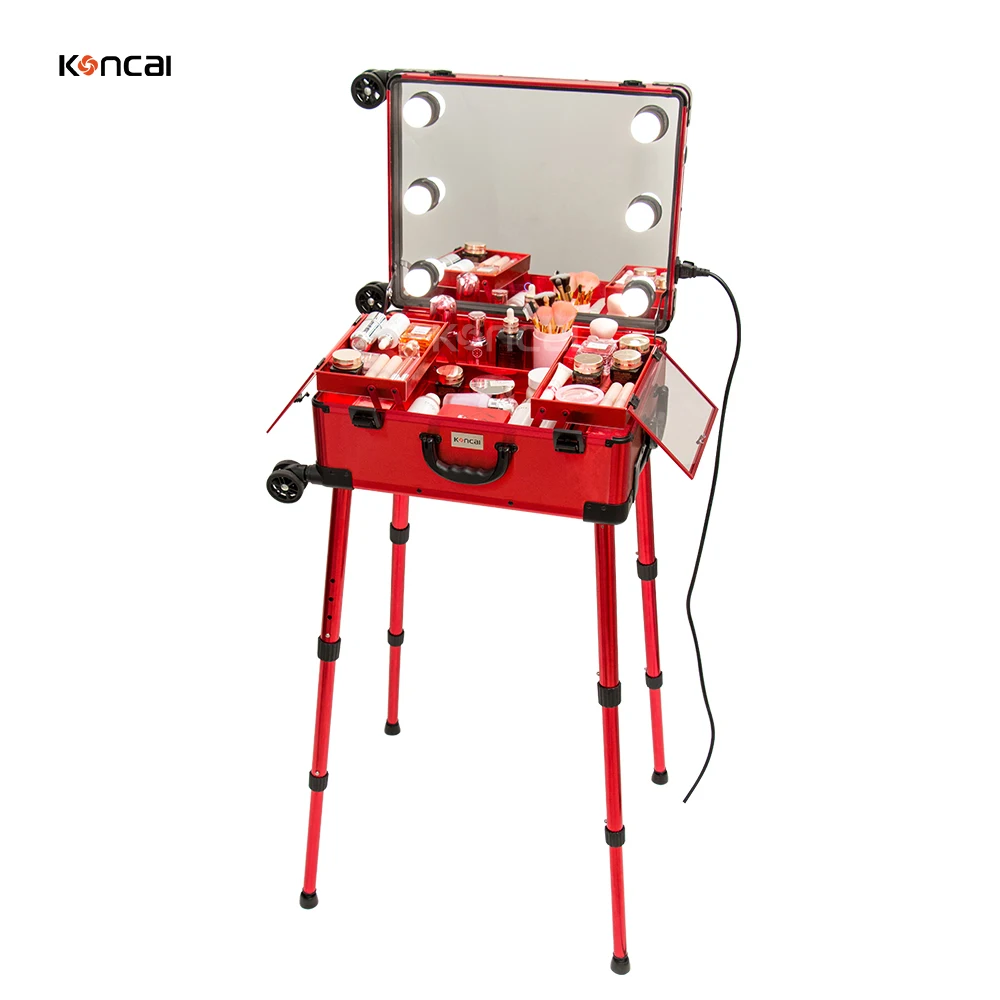 KONCAI Christmas cosmetic case with light mirror travel rolling vanity box make up trolley beauty professional makeup case
