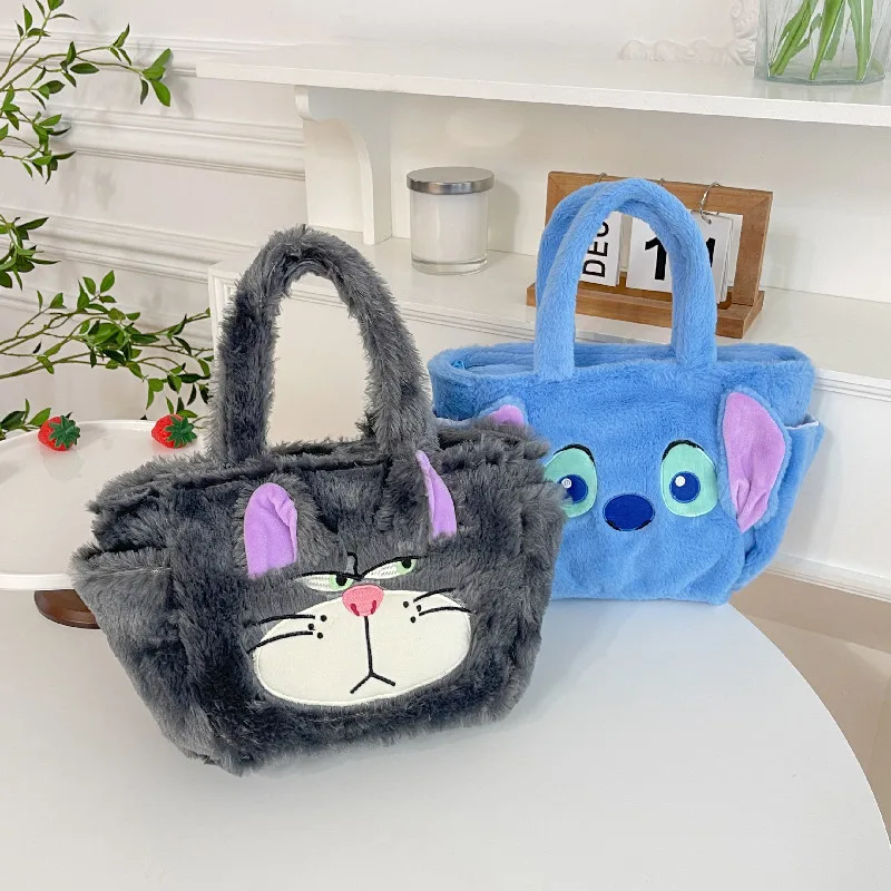 2024 New Cute Stitch Lucifer Cat Design Lunch Bucket Bag Girly Heart Plush Handbag Kids Satchel with Rice to Go