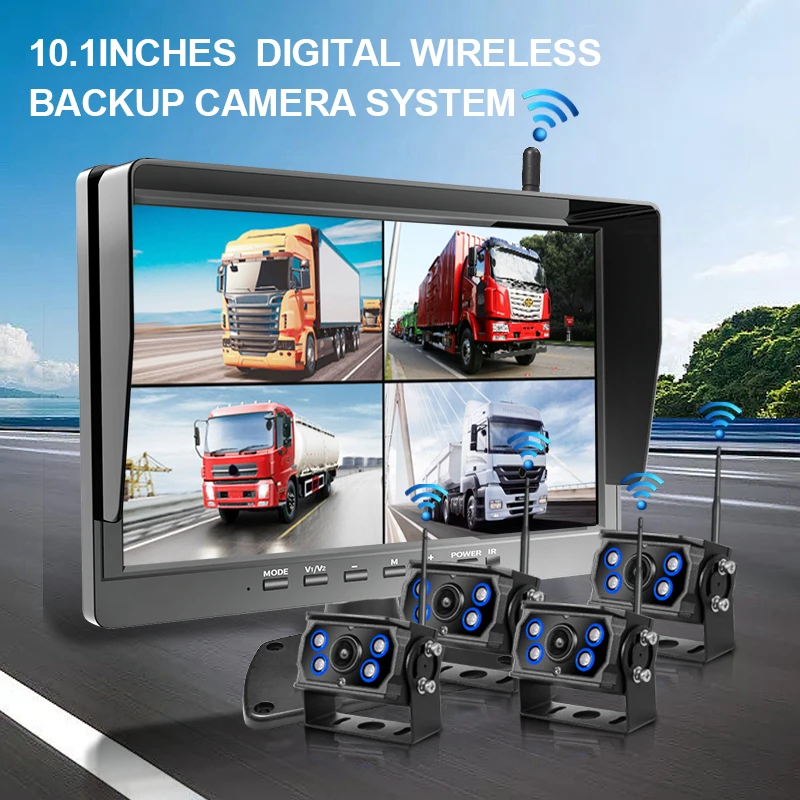 10 inch Cordless Quad Screen support 256GB MDVR with Digital Wireless Backup Rear View Camera for Car Truck RV Lorry Trailer Bus