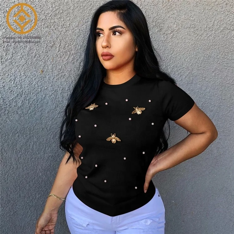H9042S Fashion sexy Hot 2024 Summer Sexy Beaded butterfly round neck large size T-shirt solid color fashion short sleeve
