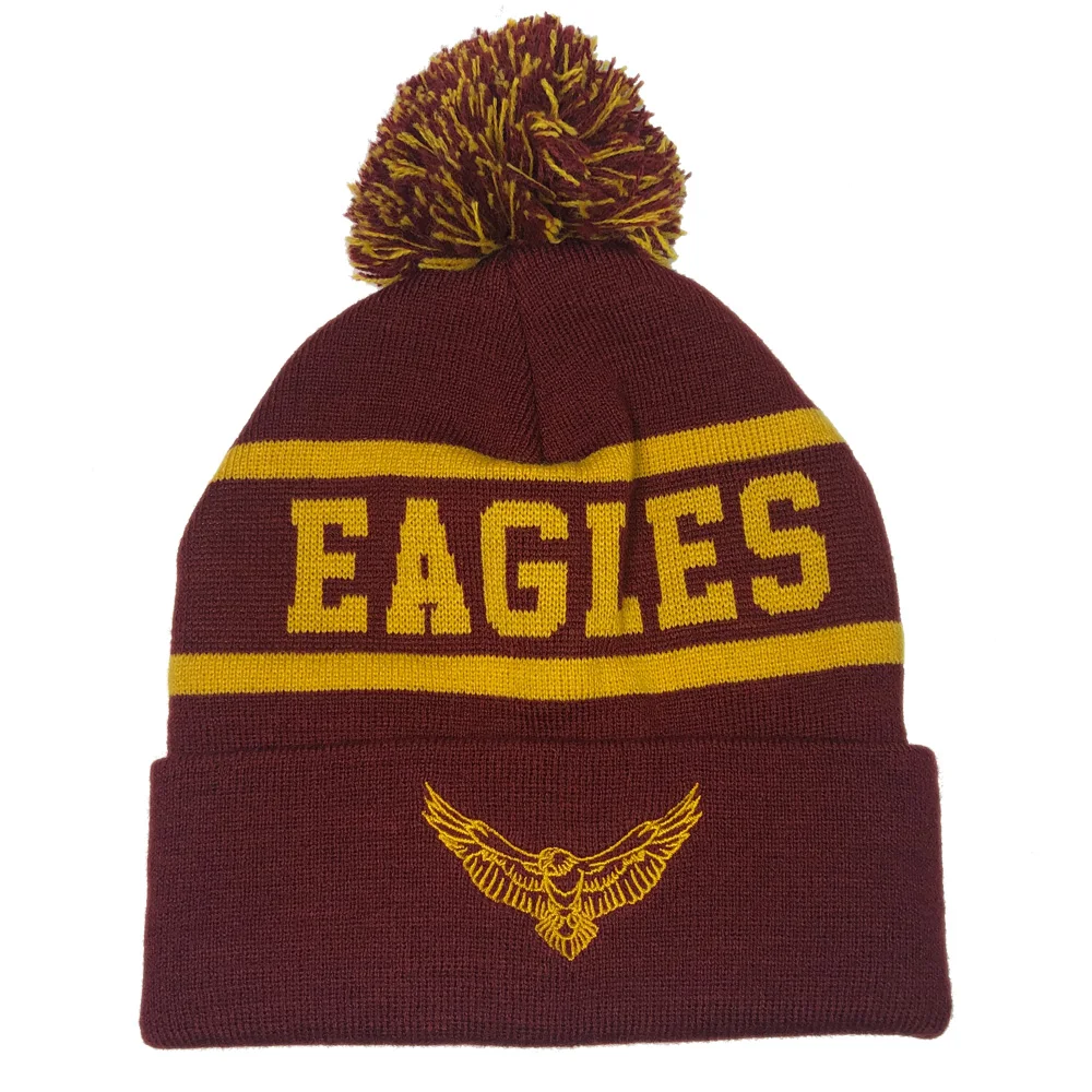 OEM Unisex maroon stylish winter knit caps Fashion artwork jacquard pompom eagle hat embroidered Custom winter hat bobble