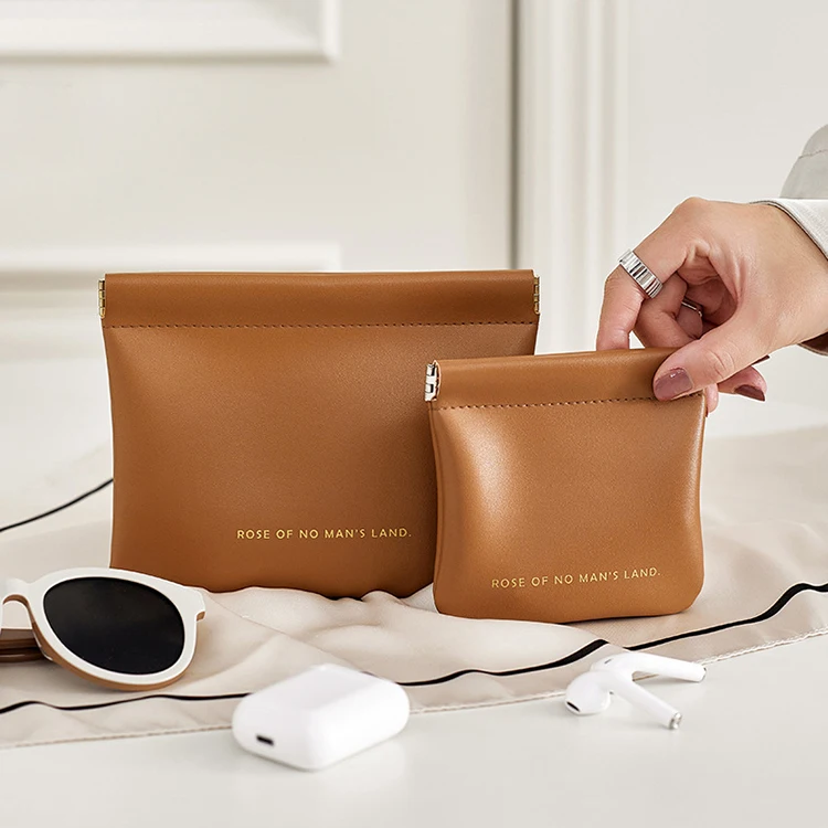 custom logo PU leather bags small purse with spring clamp women cosmetic lipstick storage bags
