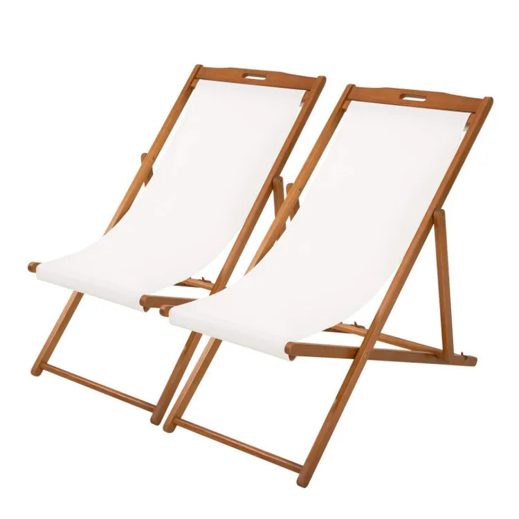 Set of 2 Outdoor Folding Wood Beach Chair with White Polyester Canvas