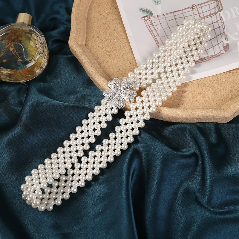 New Arrival Fashion Elastic  Flower Beaded Pearl Belts For Women Waist Chain Pearl Body Jewelry