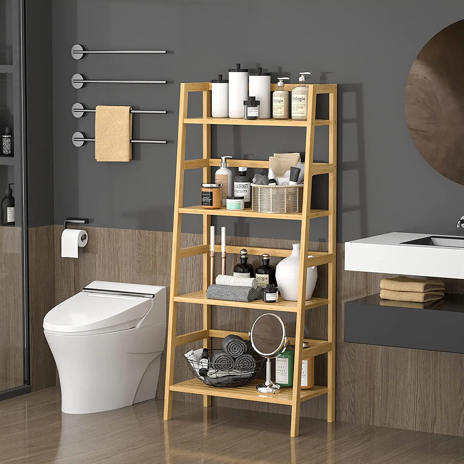 Bamboo Bookshelf, 4-Tier Bamboo Ladder Shelf, Bookcase,  Bathroom Storage Rack Plant Stand for Home