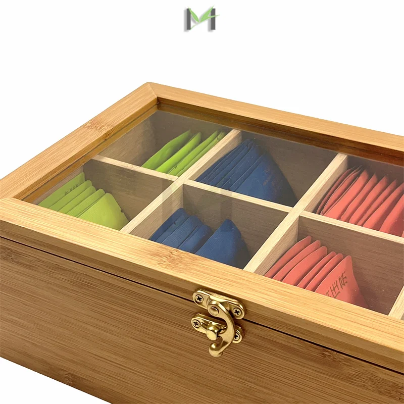 Adjustable 8 Compartments Bamboo Tea Box with Lock, Natural Bamboo Tea Box Storage Organizer for Organizing and Displaying Teas