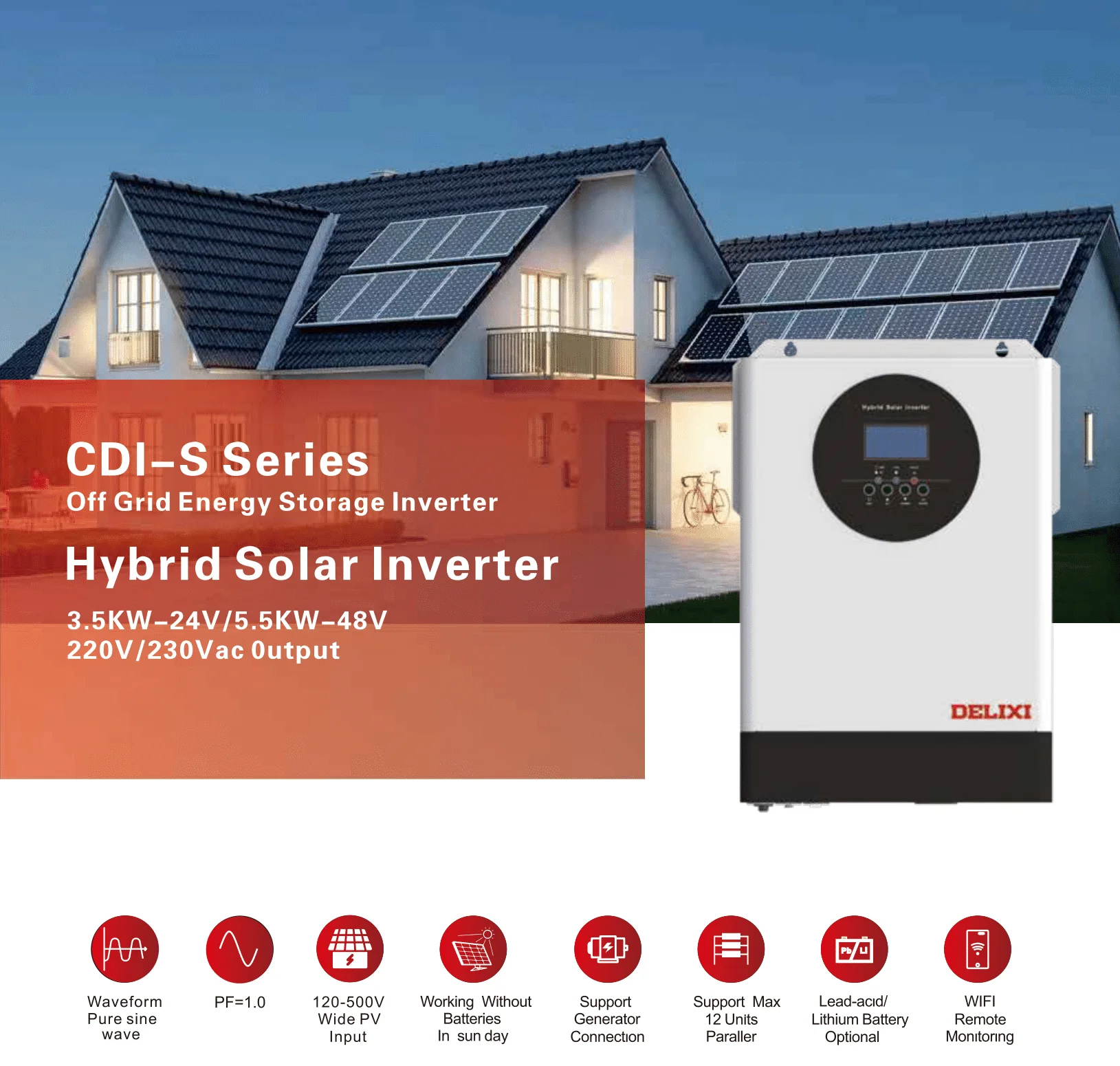 Delixi Off-Grid Solar Inverter 3Kw/3.5Kw/5.2Kw/5.5Kw Frequency Power with Mppt 80A/100A/120V Char Controller Single Output