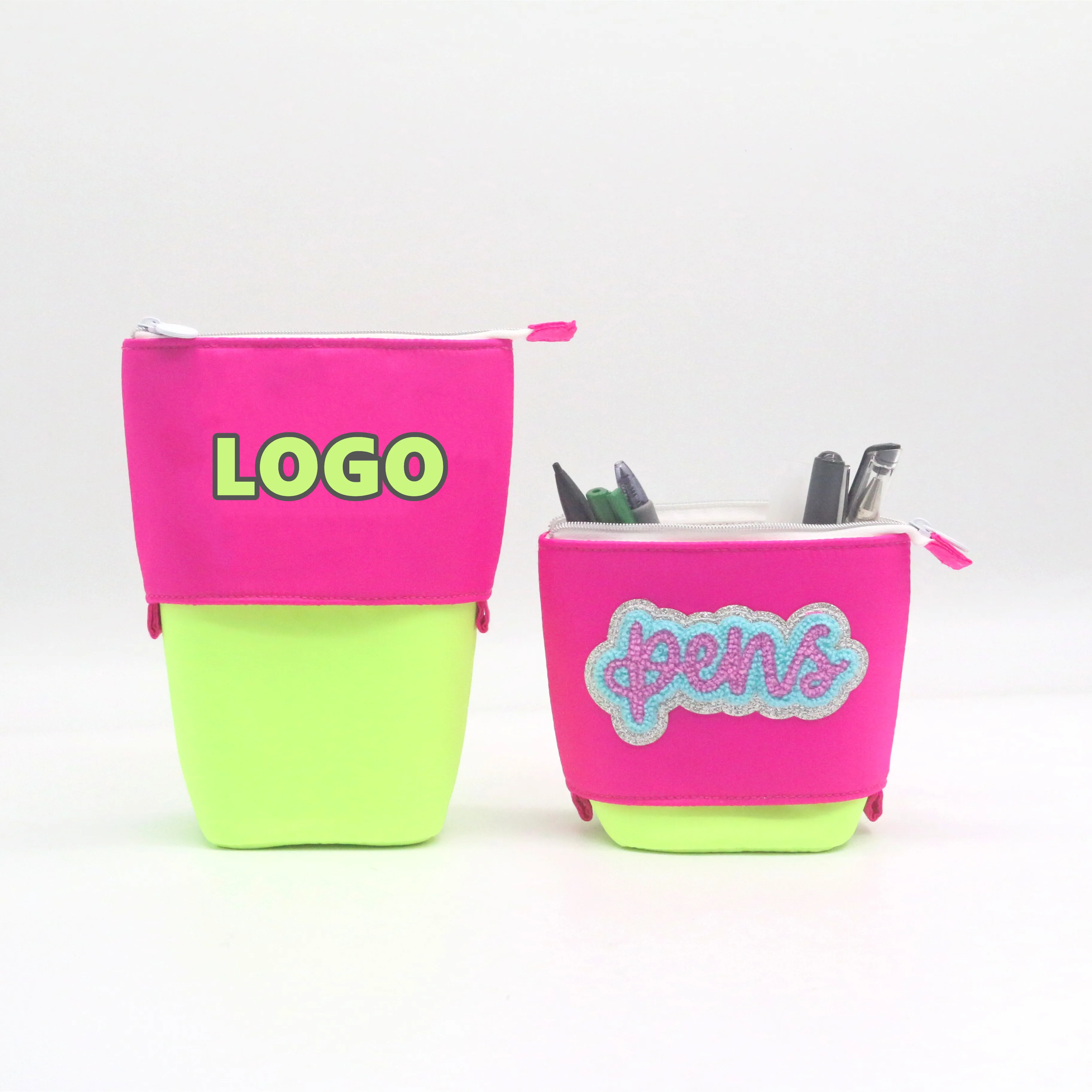 Amazon Hot Sale Nylon Retractable Pencil Case Bag Eye-catching Pink Green Nylon Stitching Pop-up Pencil Case