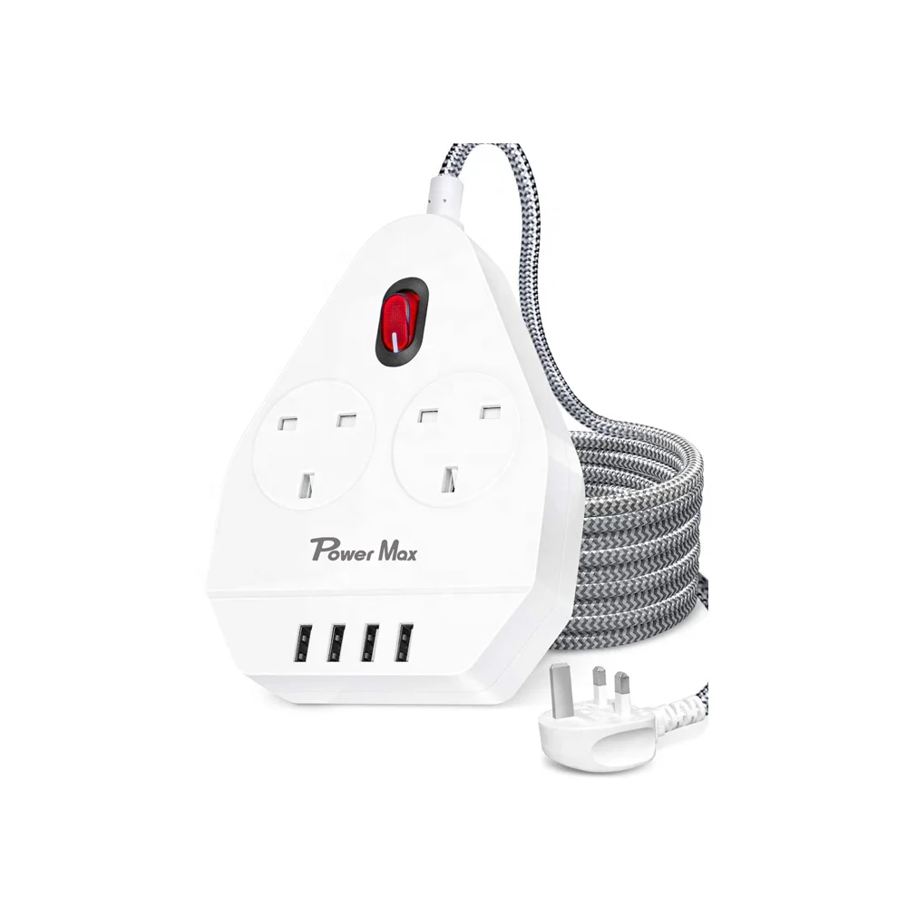 UK Extension Leads with USB Ports, 2 Sockets 4 USB ports Power strip 13A Plug Extension socket for home office