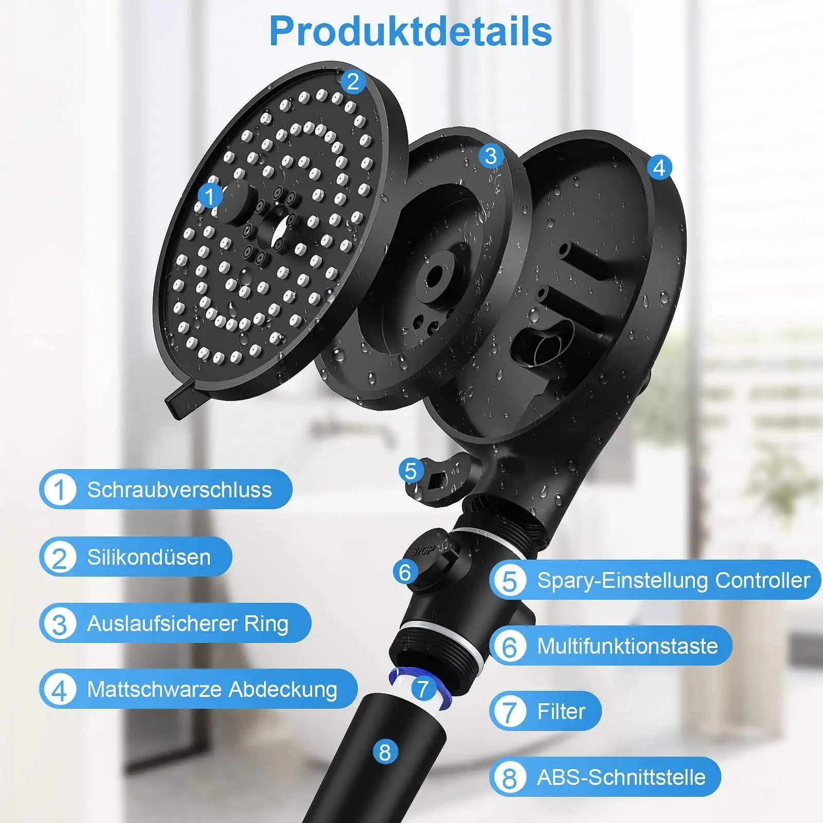 5 Function High Pressure Shower Head Handheld Bathroom Spray Shower Head With Filter