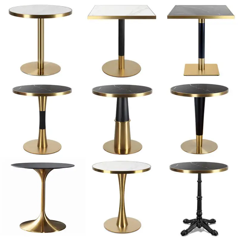 Elegant restaurant cafe shop use luxury marble slate top stainless steel round gold edge frame dining table set