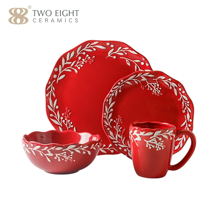 Red Flower Rim Design 16 pcs Christmas Dinnerware Set for 4 person Hote Sale Porcelain Plate Set Dinnware Ceramic Dish Plate Set