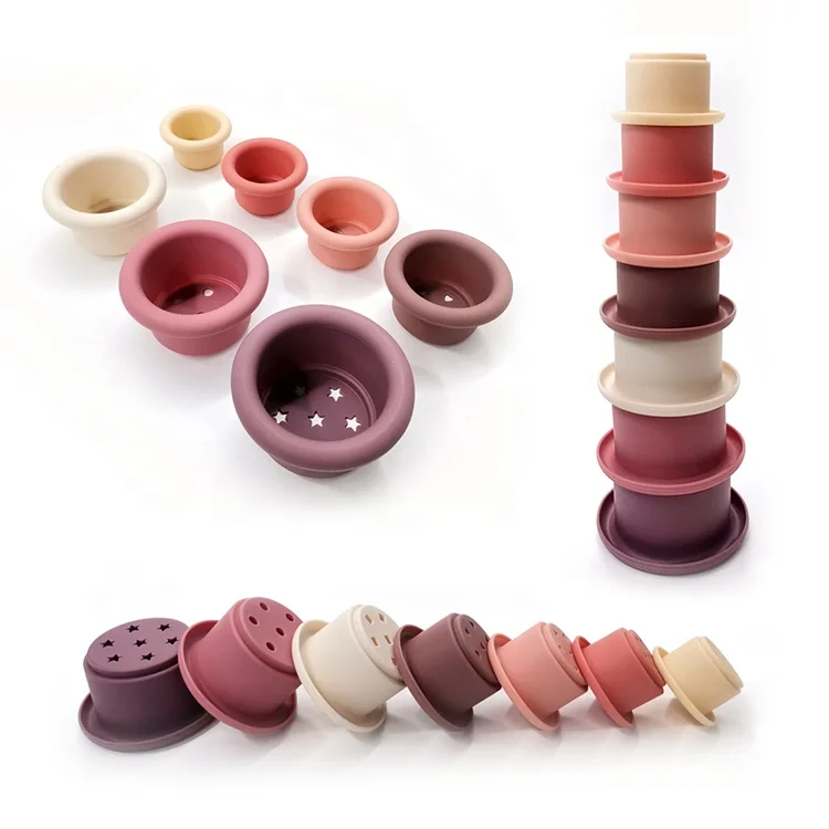 Hot friendly plastic silicone stacking cups baby fun game bath toys silicone stacking tower set