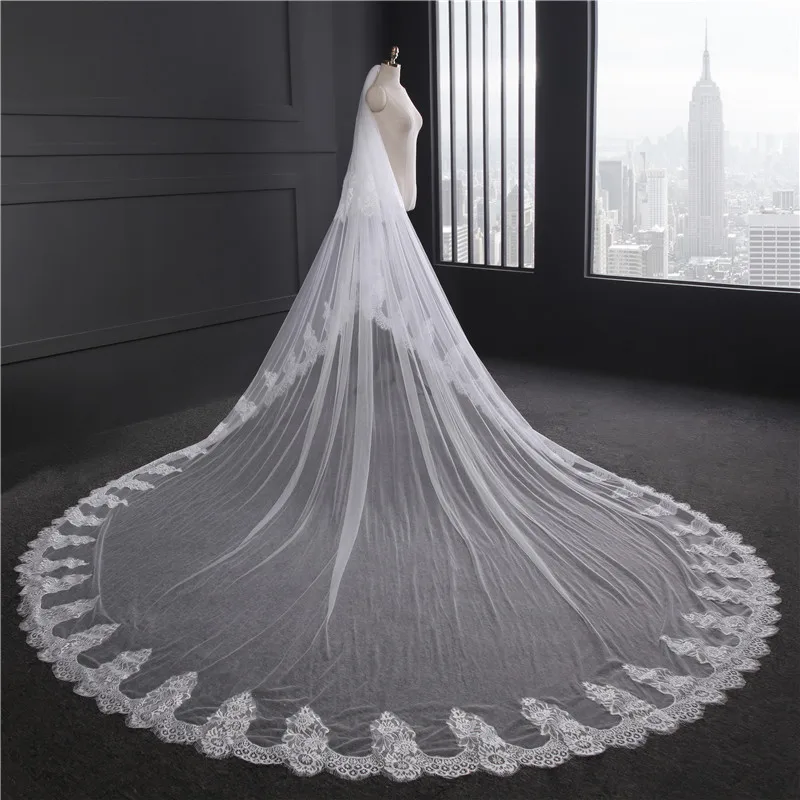 Morili  Luxury long starfish lace 2 layers Ivory  width 300cm * 350cm length cathedral wedding veil  for bride with comb MPB24