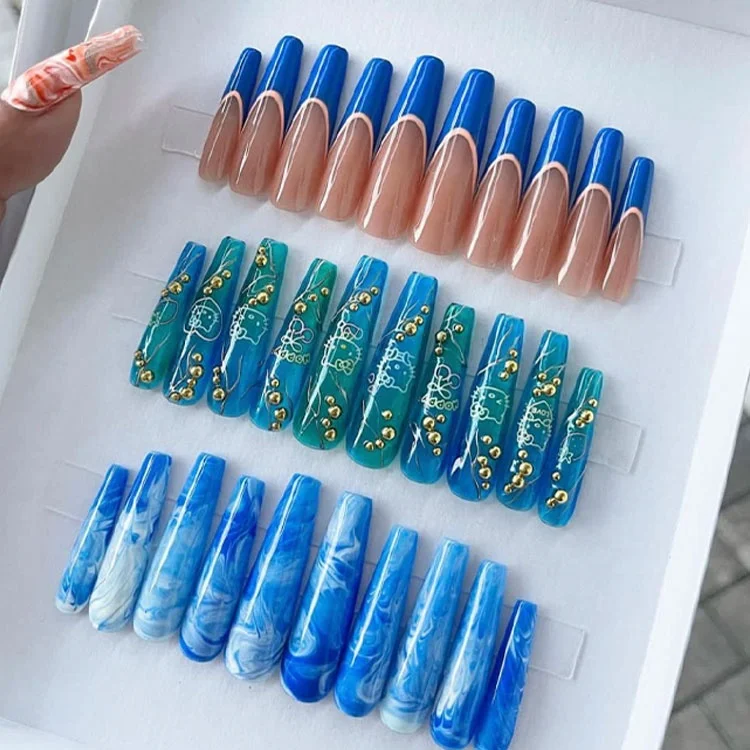 Naixi Custom Nails Press on Long Ballerina Acrylic Nails Ombre Shining Diamond Sequins Long French Blue Pink 24pcs/Box Blind Box