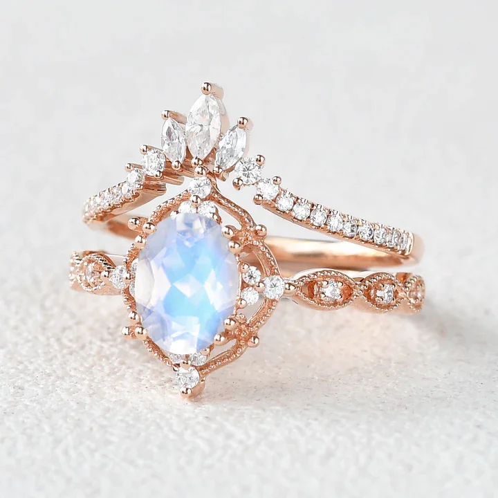 Sterling Sliver Moonstone Vintage Chevron Ring Set 2pcs Bridal Set Chevron Ring Stacking Marquise Engagement Rings