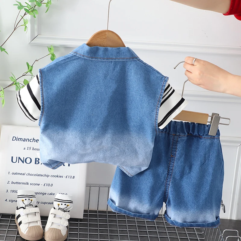 2023 Summer Baby Boys Clothes Sets Short Sleeve Print T Shirt Denim Jacket Pants 3 Pieces Fashion Toddler Outfits Kids Clothing