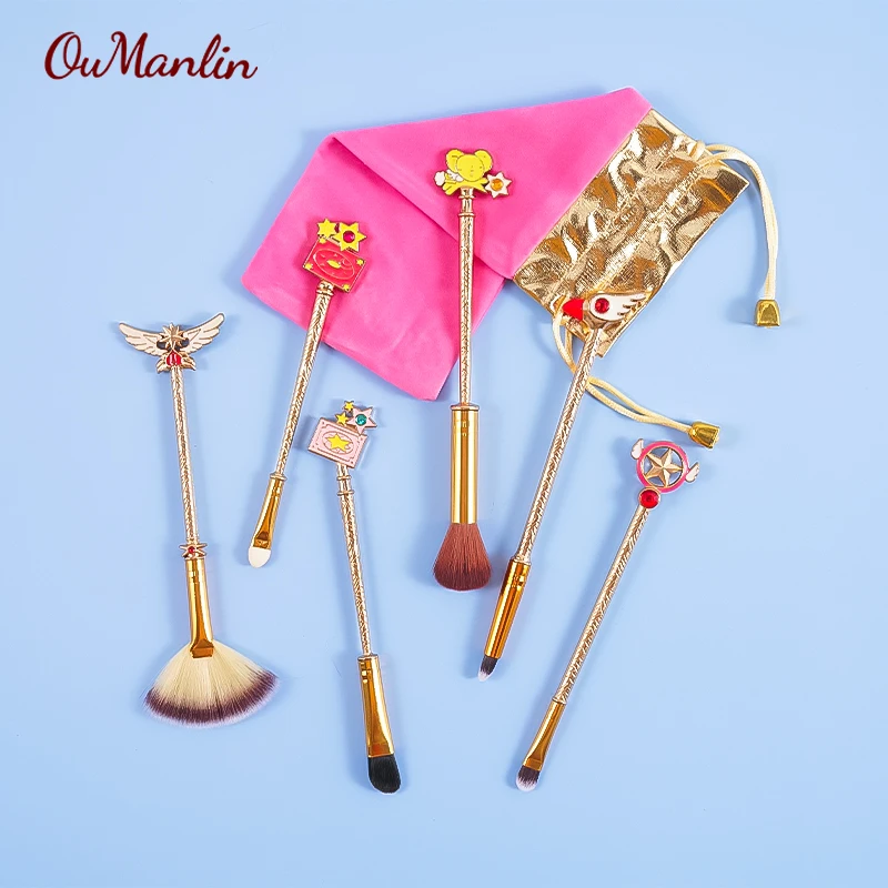 
OumanLin Limited Edition Card Captor Sakura Sailor Moon 6pcs Makeup Cosmetic Brush Set Gold Metal Beauty Tool 