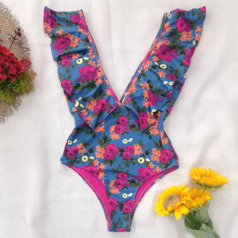 Wholesale price Women Swimwear Floral Print Bodysuit Sexy Deep V Gather Sexy One Piece Swimsuit