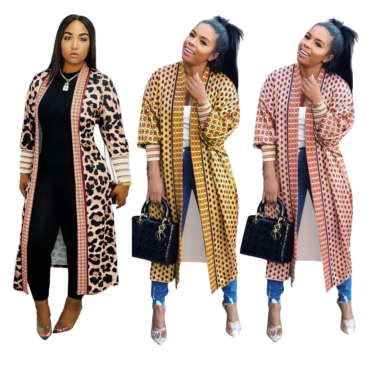 2021 Fall Women Clothing Full Sleeve Print Long Cardigan Coat Women Sweater