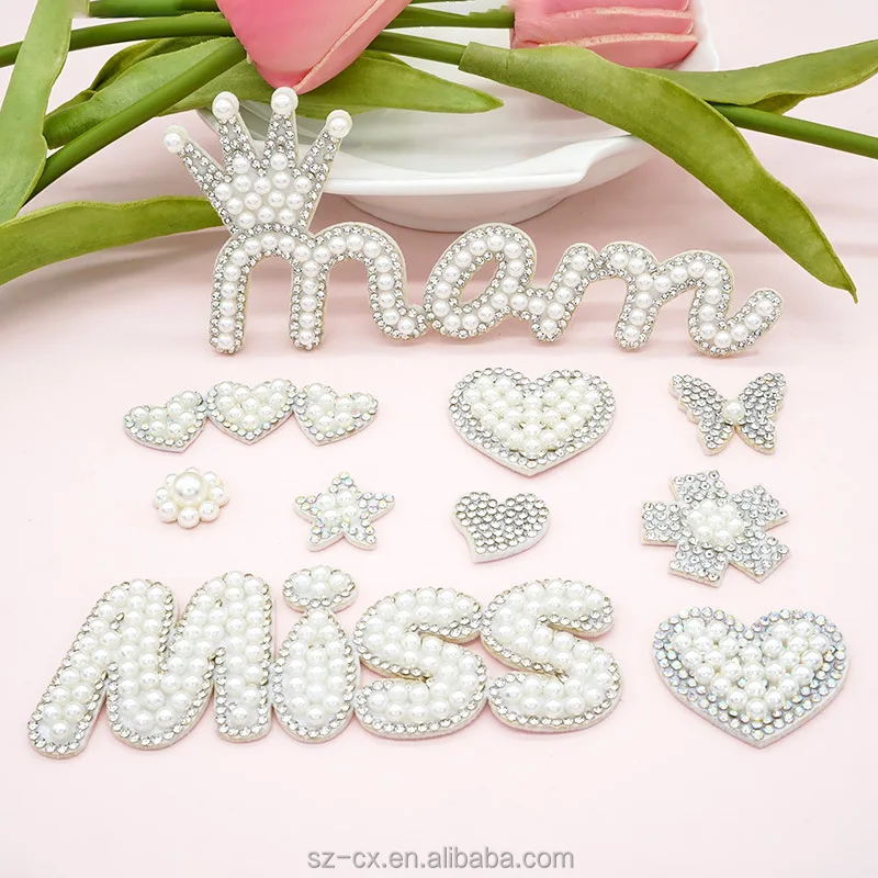 Alphabet Pearl Rhinestone Words Ironing Heart Starts Patches Applique 3D Handmade DIY Patch Cute Patches for Bags Cloth
