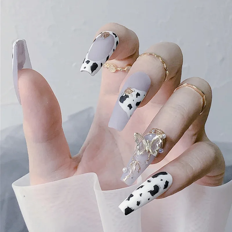 Custom Full Cover Cow Print Press On Nails French Design Long Ballet 3D Butterfly Coffin False Nails