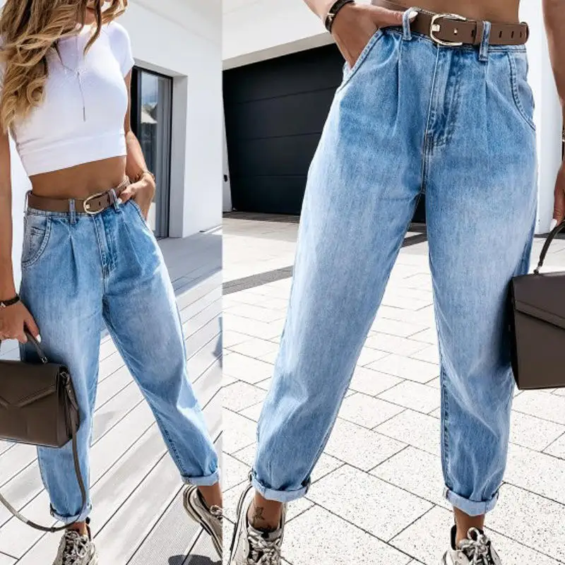 Wholesaler new design urban Casual Pants high waist washing jeans women straight pants loose trousers for lady boyfriend denim