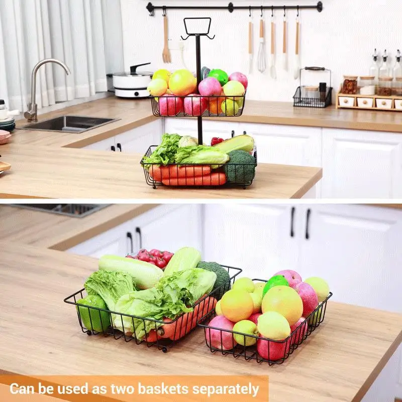 Detachable double metal fruit basket Countertop fruit drain basket with banana rack desktop snack storage basket