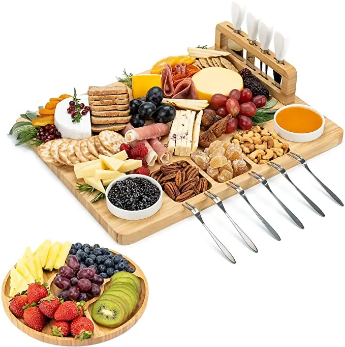 Wholesale Bamboo Cheese Board Set with 3 Stainless Steel Knife,Meat Charcuterie Platter Serving Tray for Wedding,Birthdays