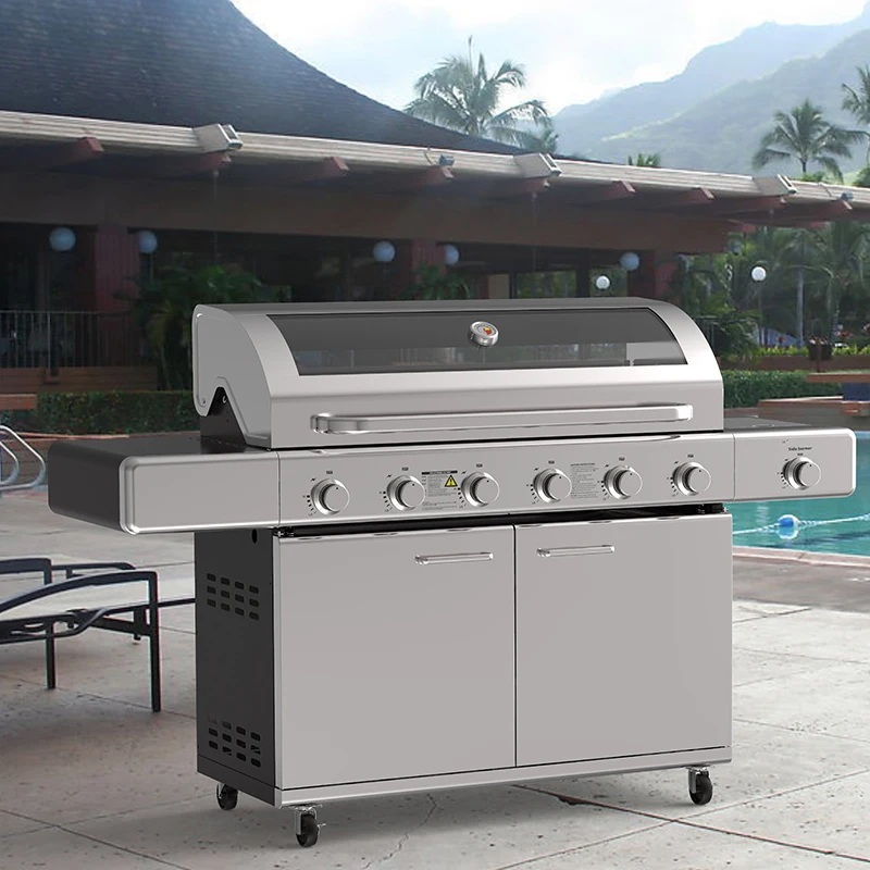 Quality 6 +1Burners Barbecue Grill Propane Outdoor Gas BBQ Grill With Side Burner Trolly