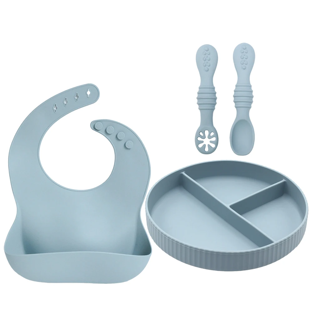 Silicone Baby Spoon Set First Feeding Training Suction Plate with Bib spoon Set Utensils for Toddler Anti-Choke 6 Months