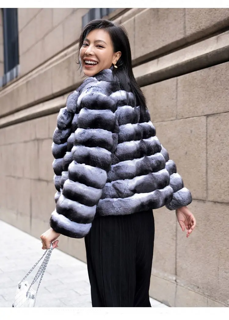 Factory Direct sales High Quality Chinchilla Color Genuine Chinchilla Skin Women Ladies Winter Fluffy Genuine Rabbit Fur Coats