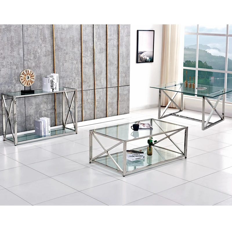 glass top  coffee table stainless steel set