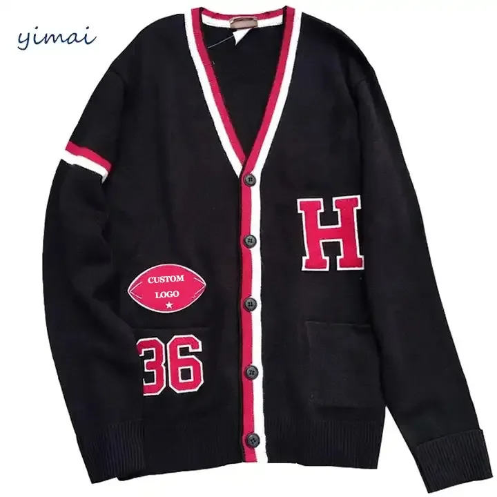 Custom Logo Cotton  Wool Blends Baseball  Button Hombre  Pockets Cashmere Knit Men Letterman Cardigan Sweater