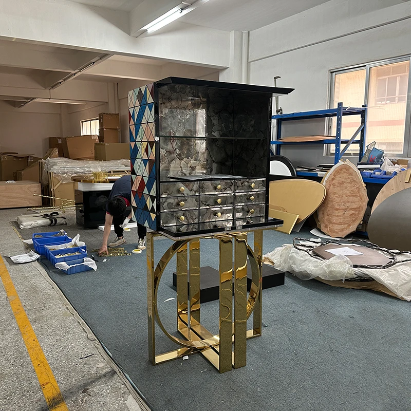 Luxurious modern wooden lockers, designer furniture with gold stainless steel legs for villa hotels