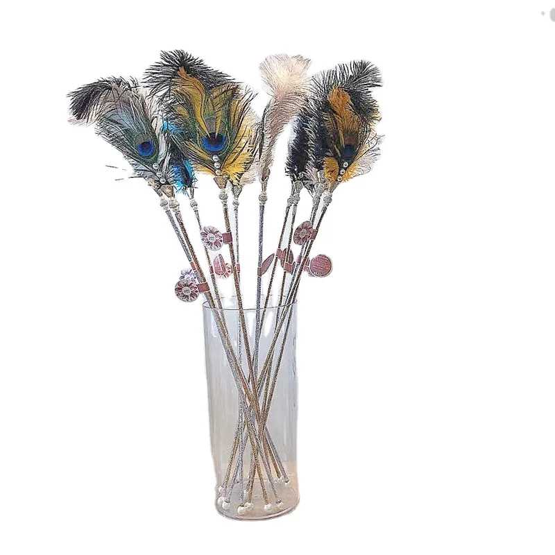 wholesale popular multi - modeling peacock feather ostrich feather  cat teaser in stock pet toys