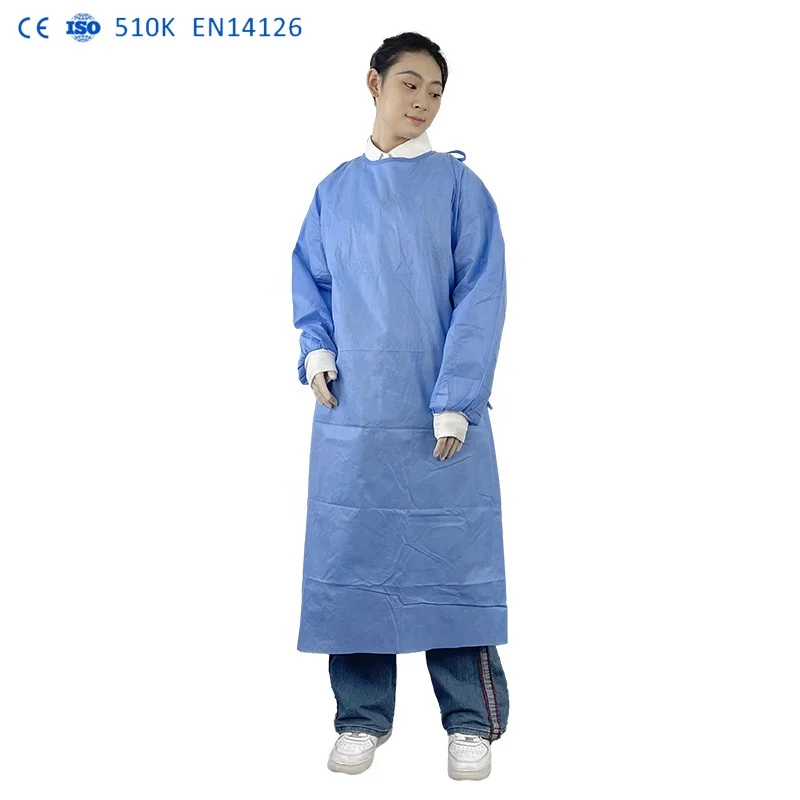 Factory price 510K Disposable blue gown 45g polyester fabric for cuff hospital AAMI LEVEL 2